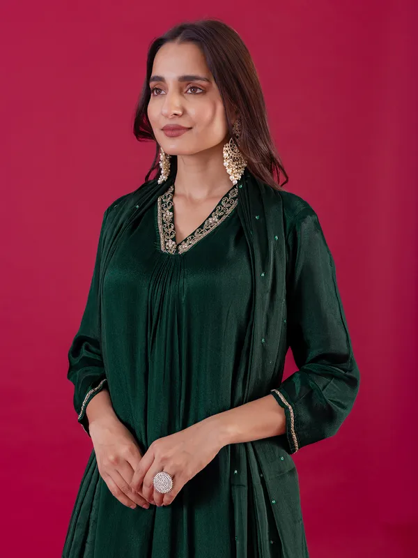 Bottle green silk salwar suit for women