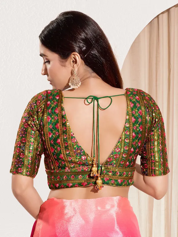 Bottle green silk V neck ready made blouse