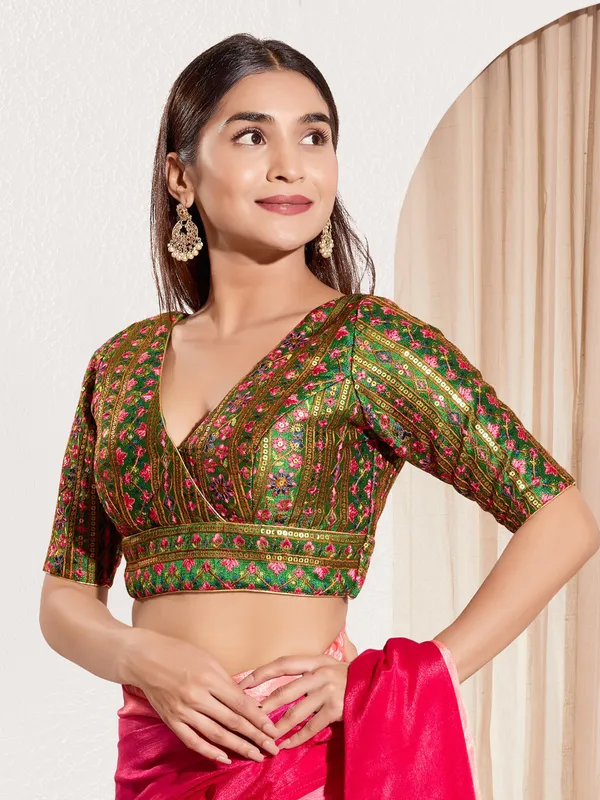 Bottle green silk V neck ready made blouse