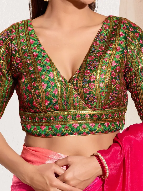 Bottle green silk V neck ready made blouse