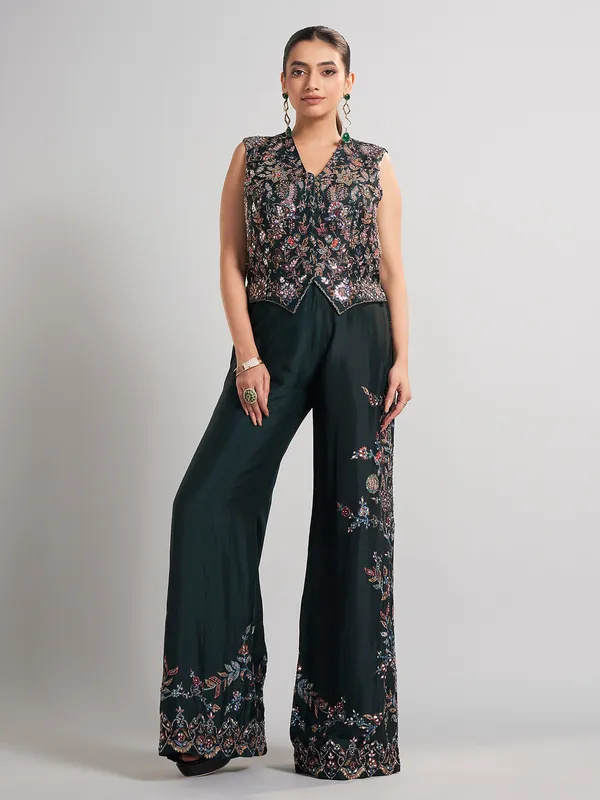 Bottle green sleeveless silk palazzo suit