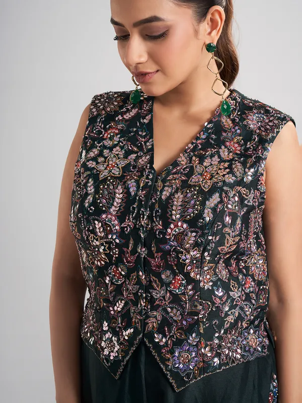 Bottle green sleeveless silk palazzo suit
