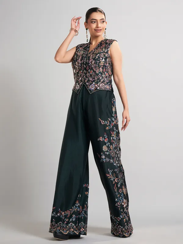 Bottle green sleeveless silk palazzo suit
