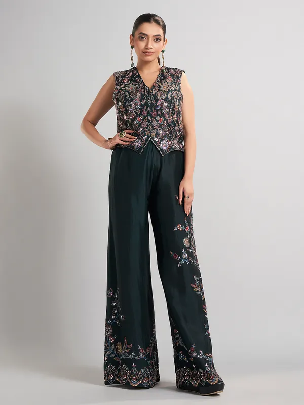 Bottle green sleeveless silk palazzo suit
