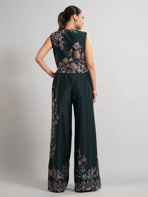 Bottle green sleeveless silk palazzo suit
