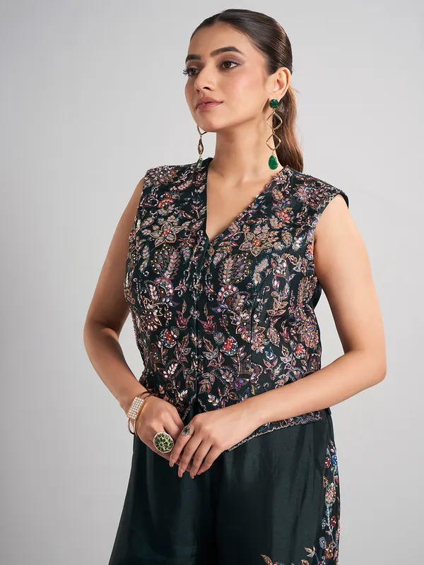 Bottle green sleeveless silk palazzo suit