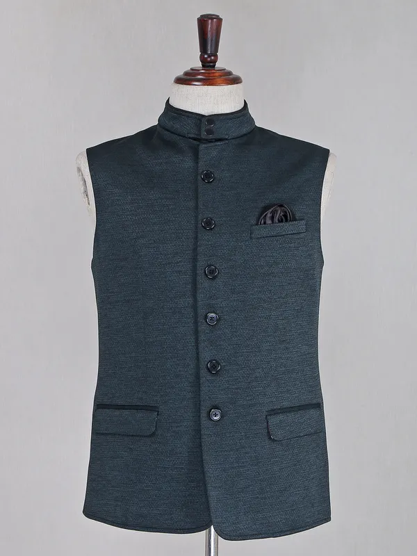 Bottle green solid cotton silk waistcoat for mens
