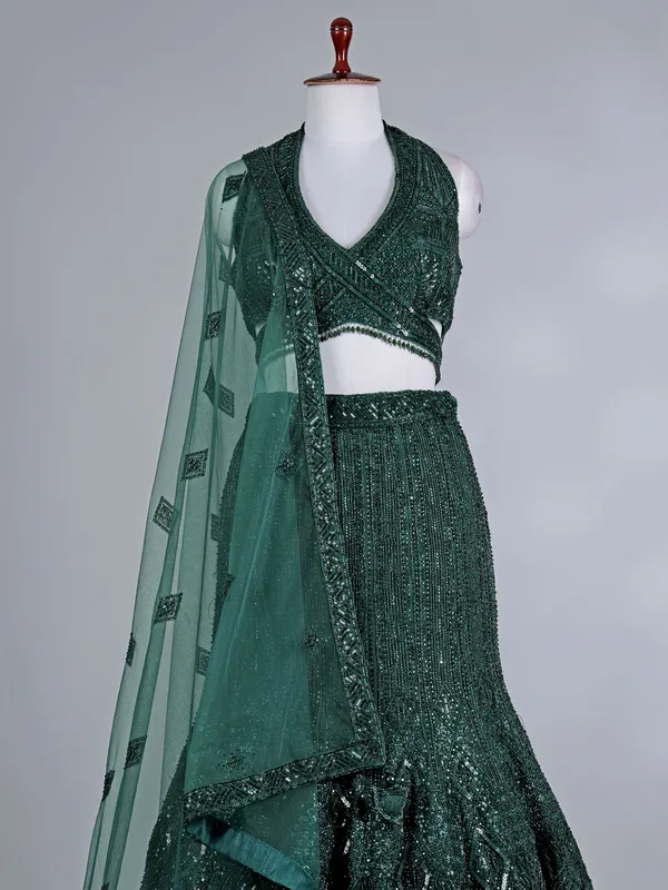 Bottle green u-neck designer silk lehenga choli