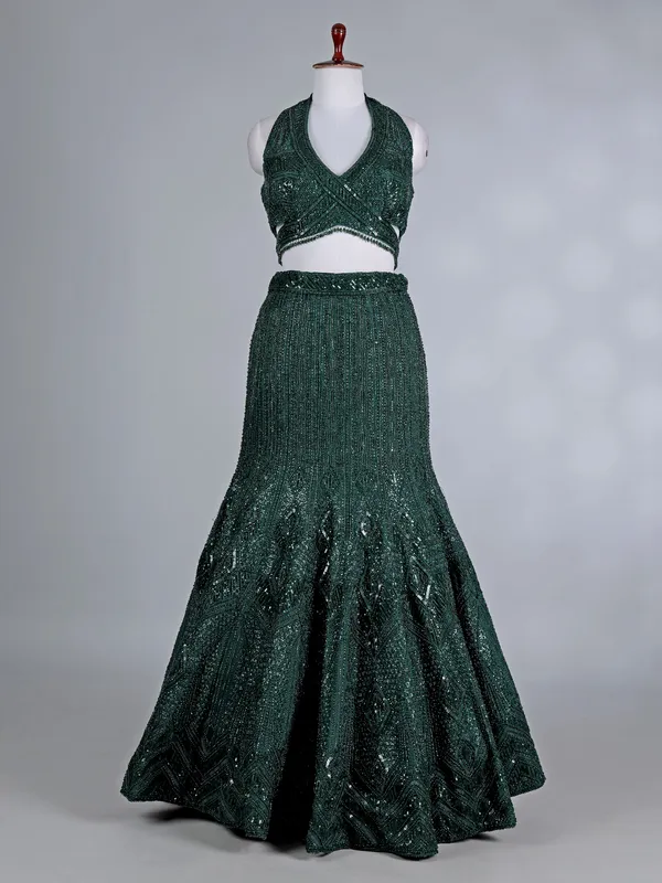 Bottle green u-neck designer silk lehenga choli