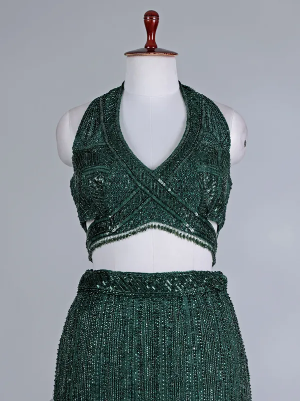 Bottle green u-neck designer silk lehenga choli