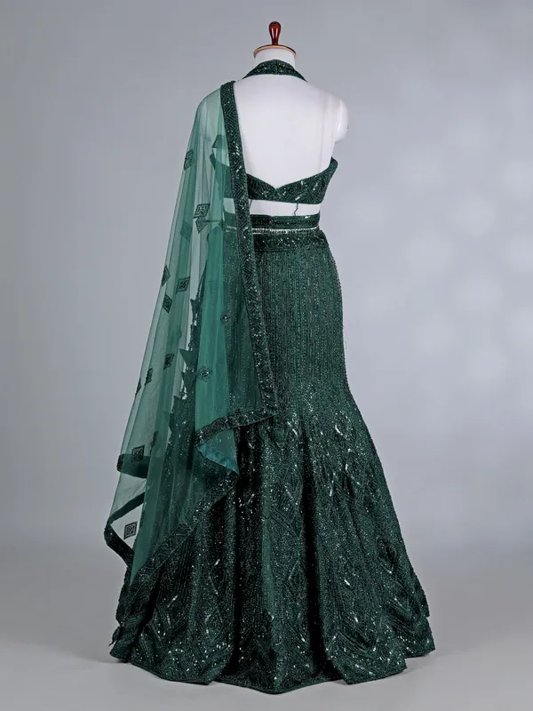 Bottle green u-neck designer silk lehenga choli