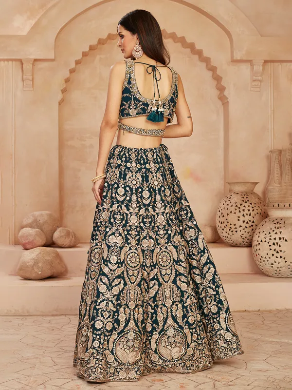 Bottle green wedding wear lehenga choli in georgette