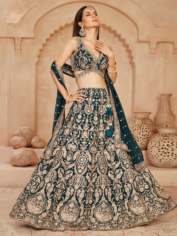 Bottle green wedding wear lehenga choli in georgette