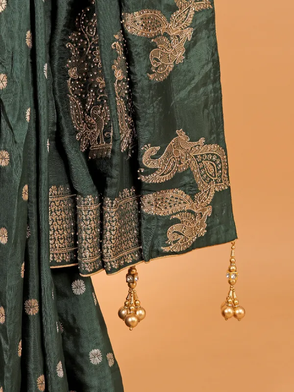 Bottle green zari weaving dola silk saree
