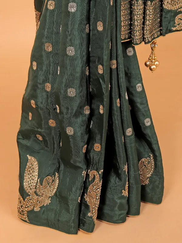 Bottle green zari weaving dola silk saree