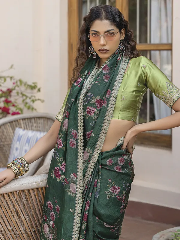 Bottole green saree in viscose dola silk