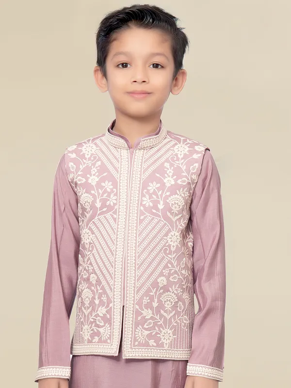 Boys light wine silk waistcoat set with embroidery