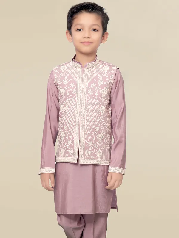 Boys light wine silk waistcoat set with embroidery