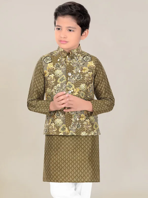 Boys olive printed silk waistcoat set