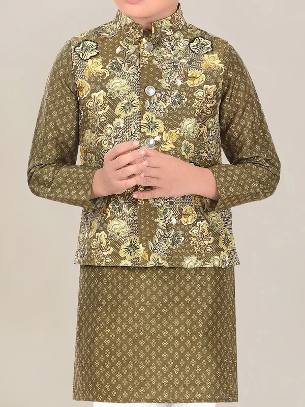 Boys olive printed silk waistcoat set