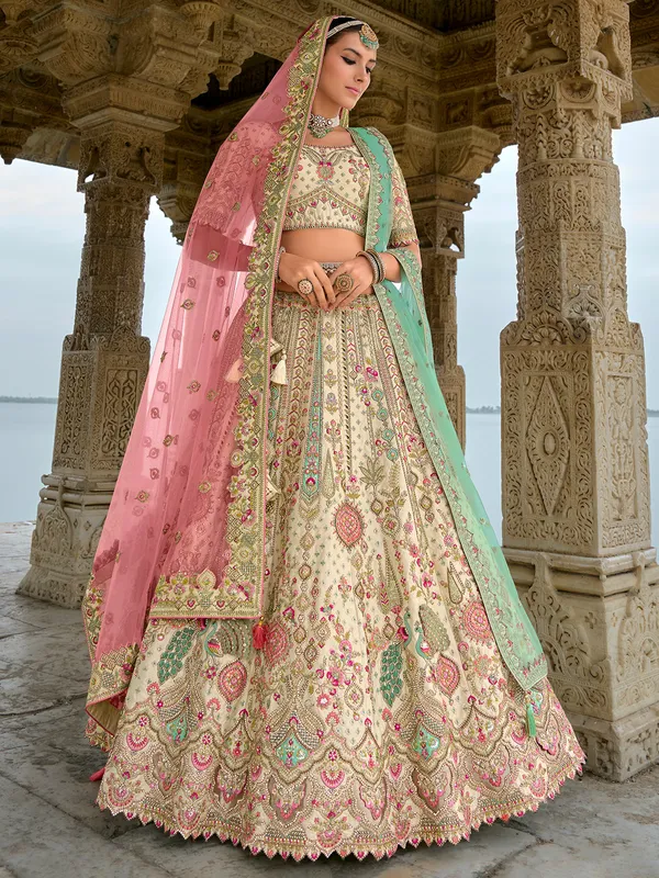 Bridal beige silk unstitched lehenga choli