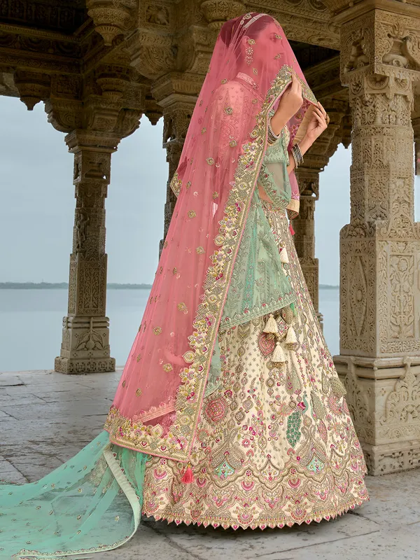 Bridal beige silk unstitched lehenga choli
