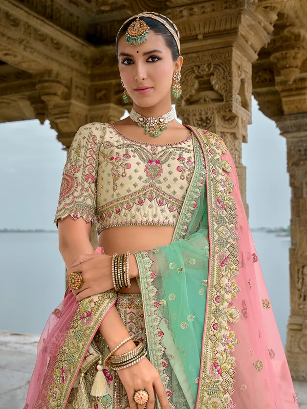 Bridal beige silk unstitched lehenga choli