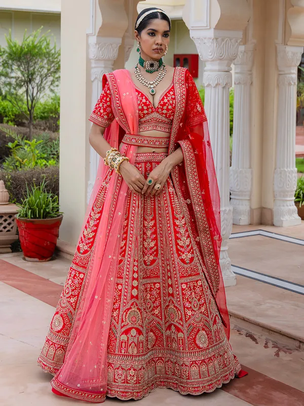 Bridal red silk lehenga choli with rich embellishment