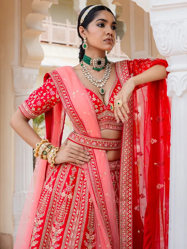 Bridal red silk lehenga choli with rich embellishment