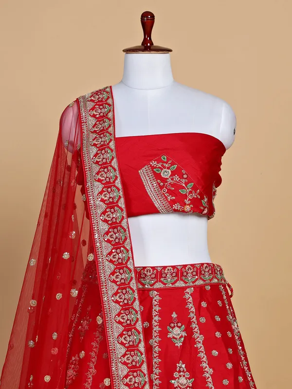 Bridal red unstitched lehenga choli in raw silk