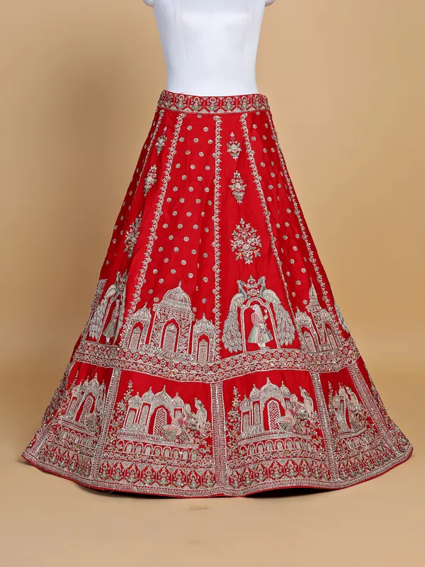 Bridal red unstitched lehenga choli in raw silk