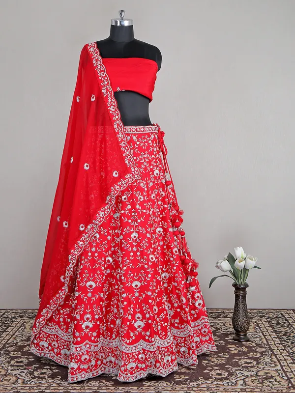 Bridal wear raw silk red women lehenga choli