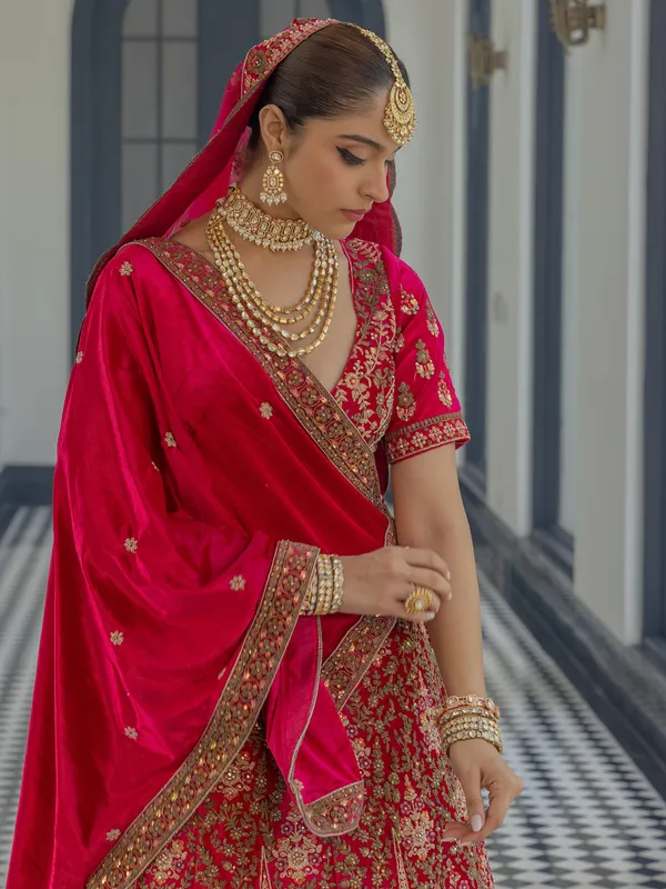 Bridal wear red lehenga choli in velvet