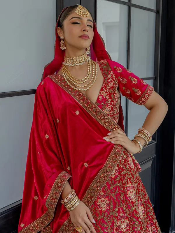 Bridal wear red lehenga choli in velvet