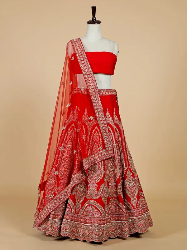 Bridal wear red unstitched silk lehenga choli