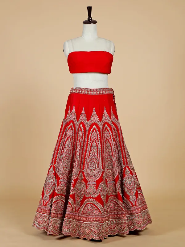Bridal wear red unstitched silk lehenga choli