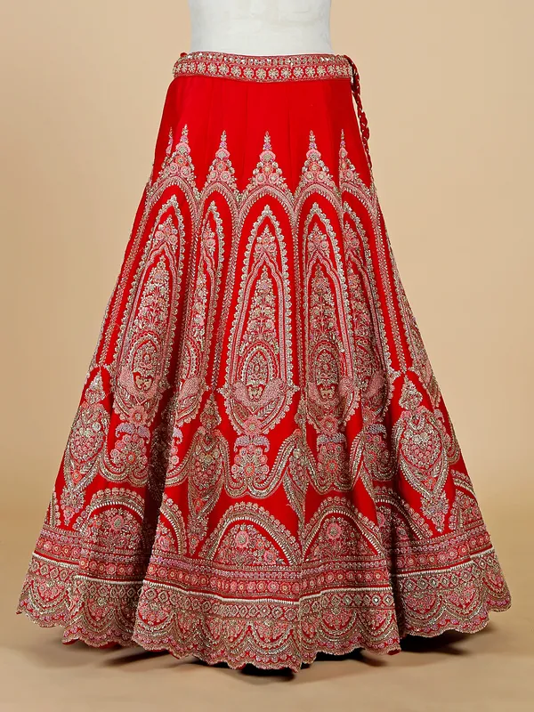 Bridal wear red unstitched silk lehenga choli