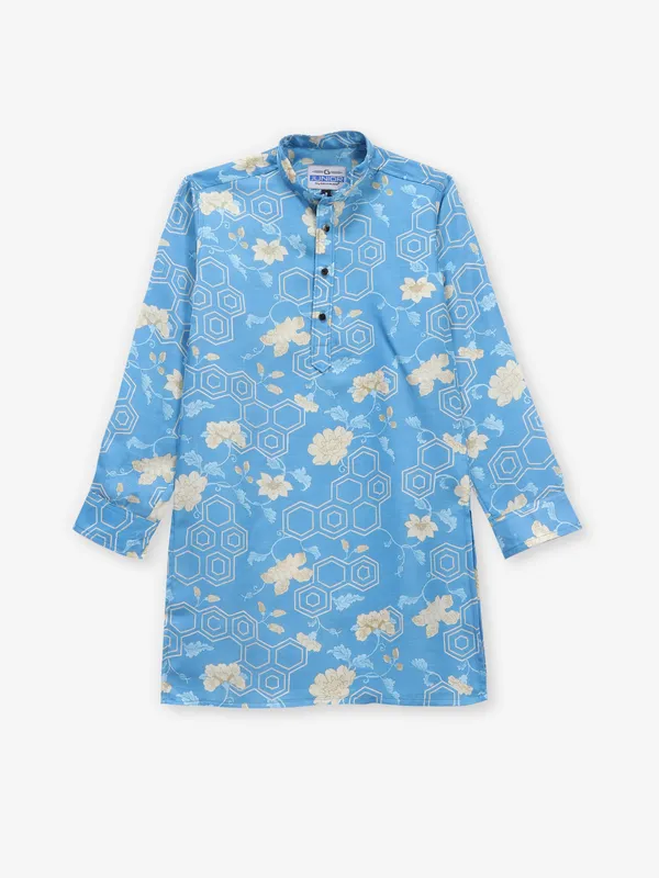 Bright blue printed cotton silk kurta suit for boys