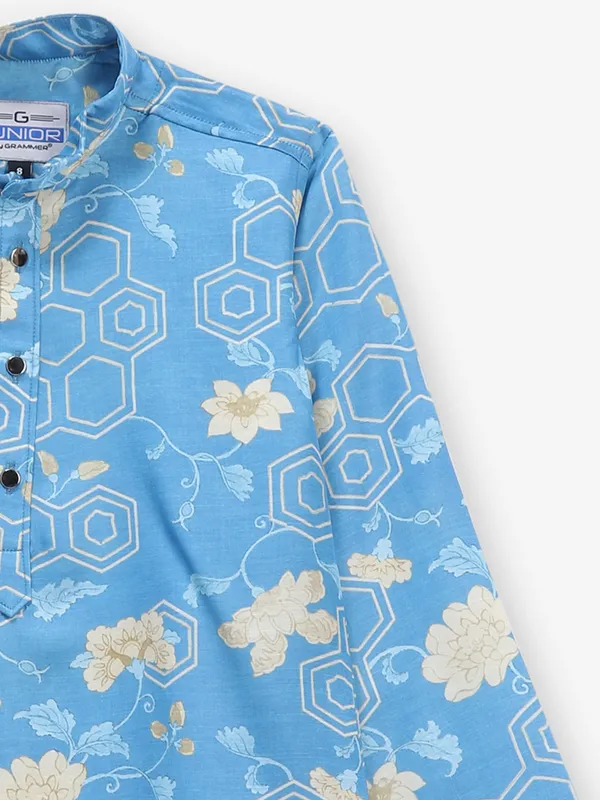 Bright blue printed cotton silk kurta suit for boys