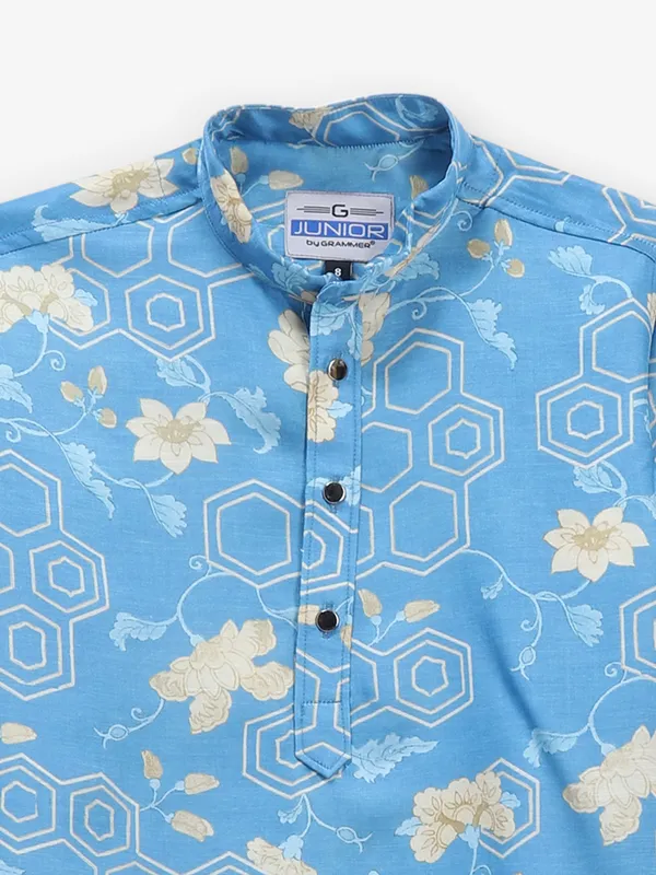 Bright blue printed cotton silk kurta suit for boys