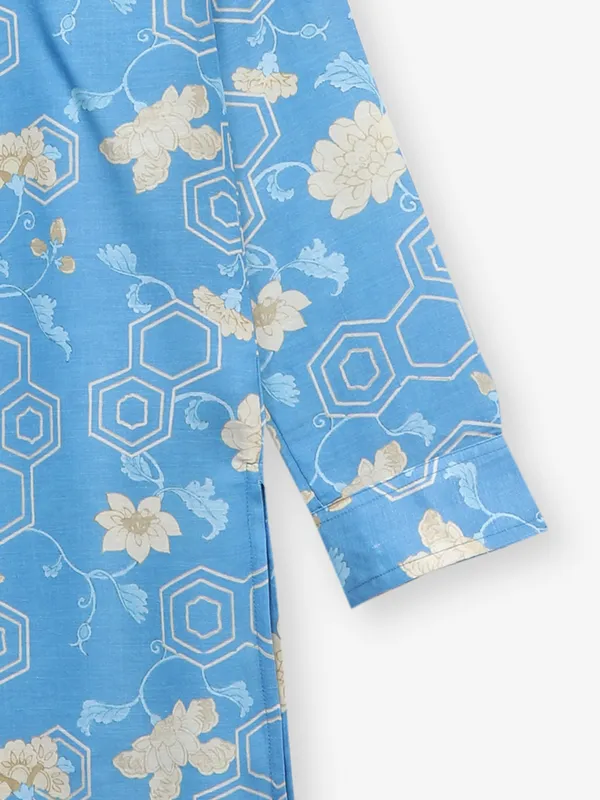 Bright blue printed cotton silk kurta suit for boys