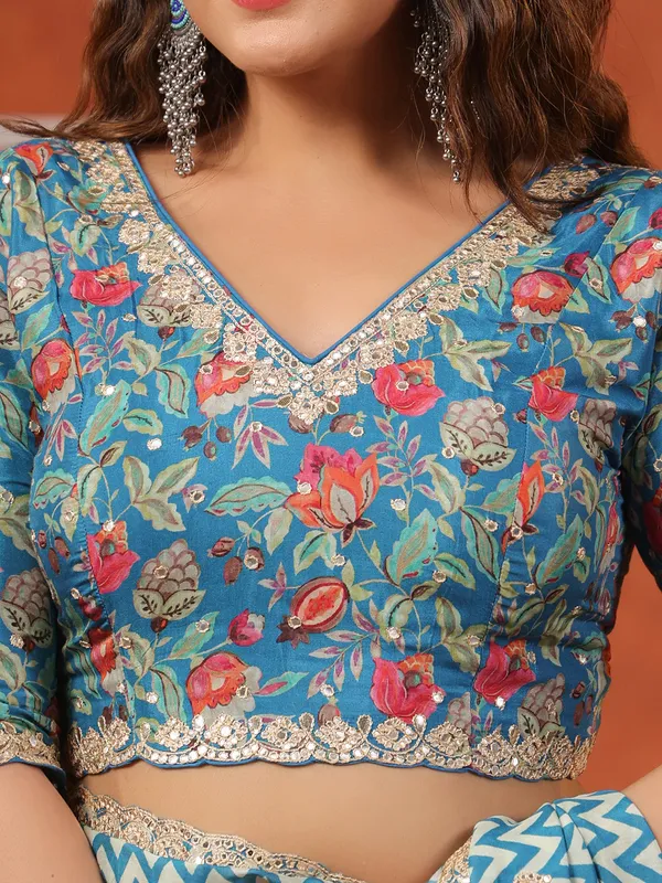 Bright blue printed muslin saree for festive