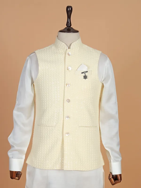 Bright cream cotton silk waistcoat set