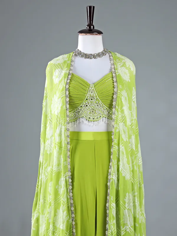 Bright green georgette palazzo suit with jacket style
