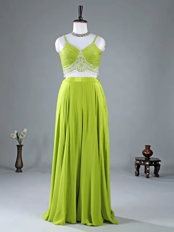 Bright green georgette palazzo suit with jacket style