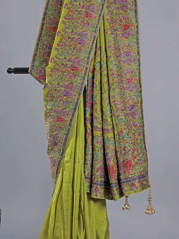 Bright green pashmina silk saree for weddings