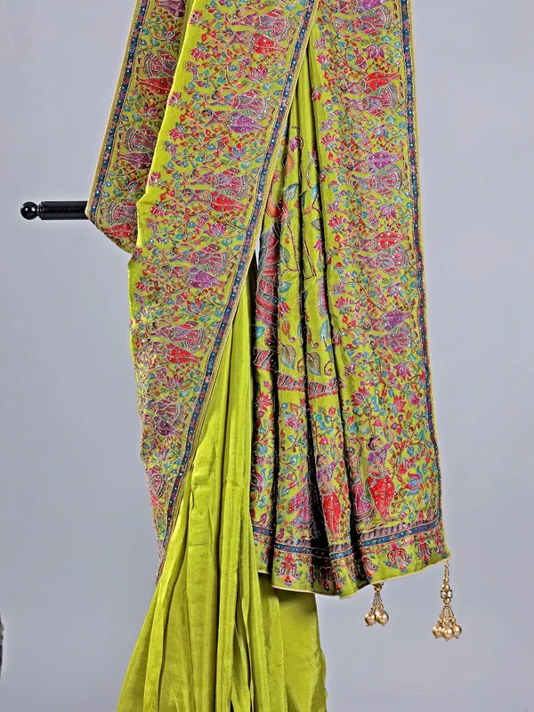 Bright green pashmina silk saree for weddings