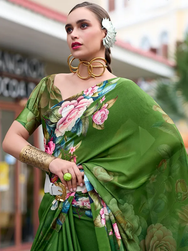 Bright green printed saree in georgette
