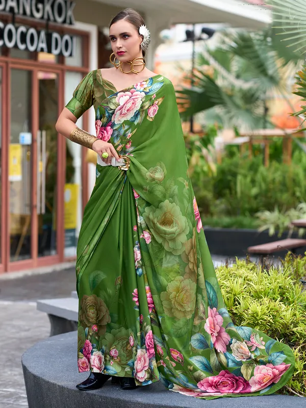 Bright green printed saree in georgette