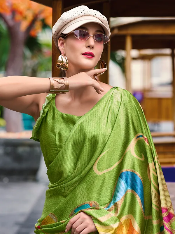 Bright green printed satin silk saree